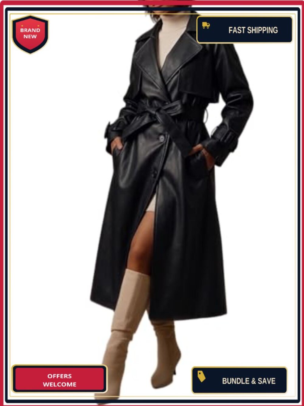 Faux Leather Classic Lapel Belt Loose Trench Coat Long